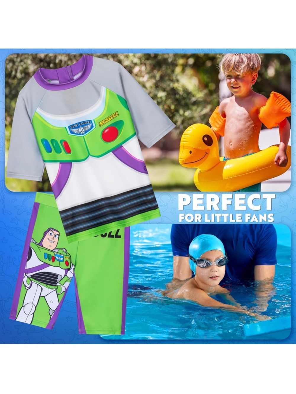 Disney Buzz Lightyear Green & Purple Kids Rash Guard Swim Set boy 6/7 6y 7y - Picture 2 of 6